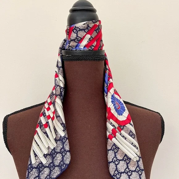 Gucci Scarf Logo GG Print Club WEB Blue Silk Wrap with Gucci Gift Box